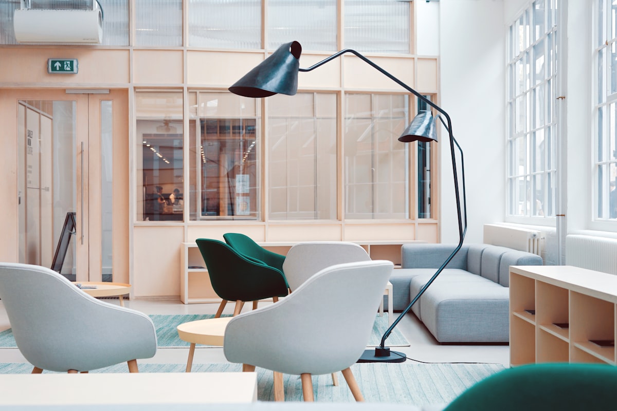 Bright open-plan office with a communal table.